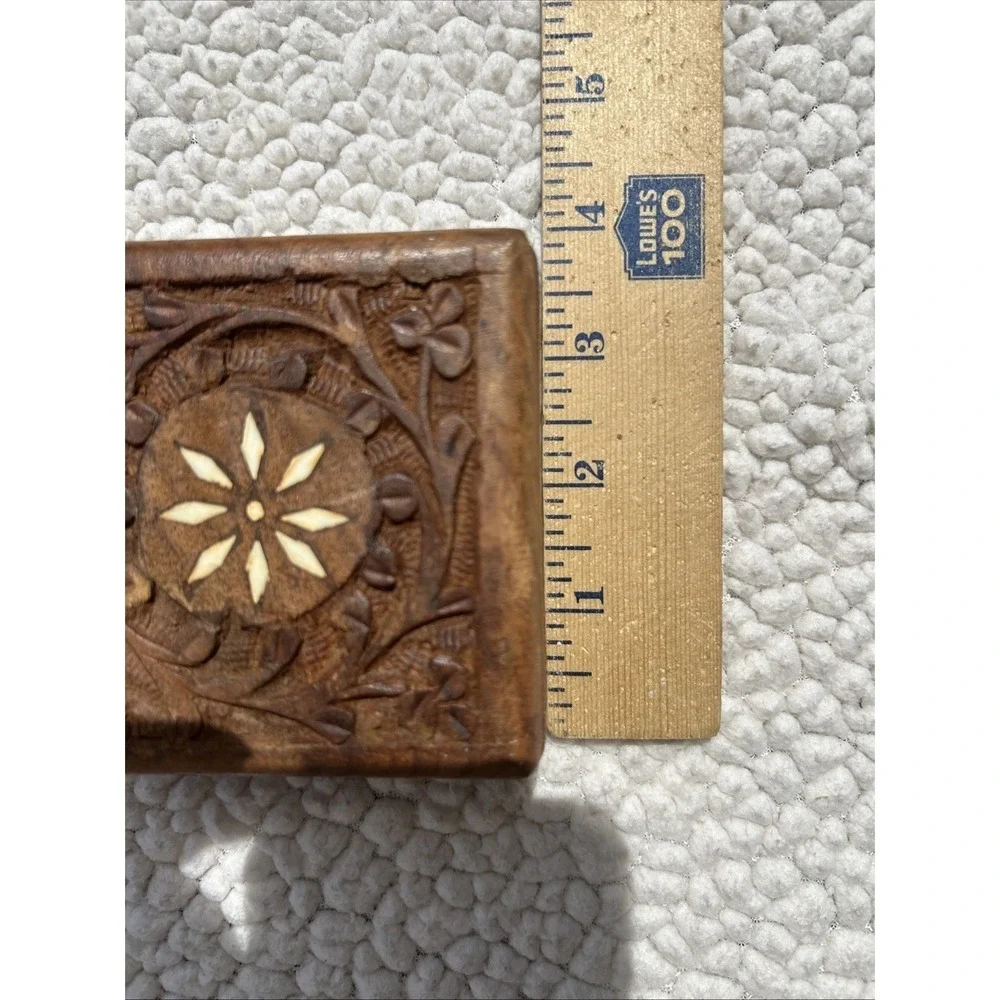 Vintage Hand Carved Wood Trinket Box Set Floral Inlay Made in India 2pc